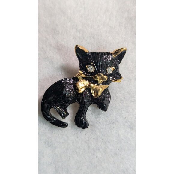 Black Cat Brooch Pin With Gold Bow & Rhinestones Retro Style 2” Vintage Accessor - Picture 4 of 6